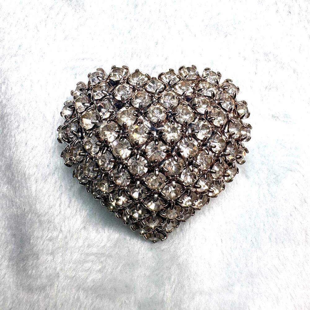 Mid‑Century Rhinestone Heart Brooch, Prong‑Set Stones, 1950s–60s